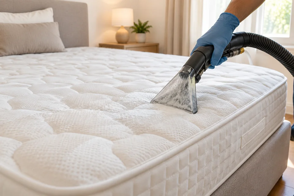 Illustration réaliste du nettoyage d’un matelas par injection-extraction