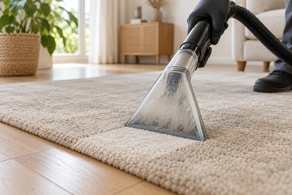Illustration réaliste du nettoyage d’un tapis par injection-extraction